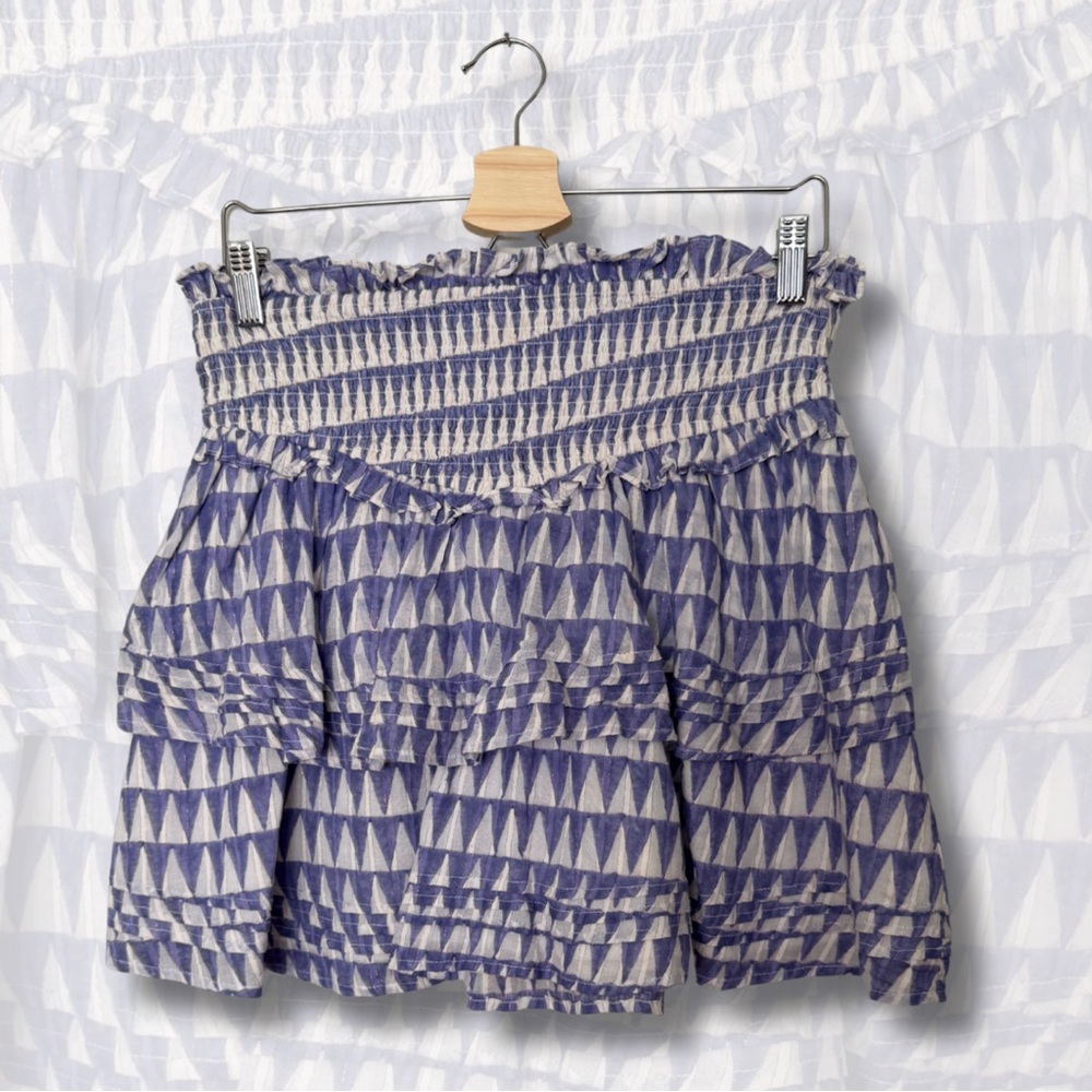 Cleobella Blue and White Smocked Tiered Mini Skirt